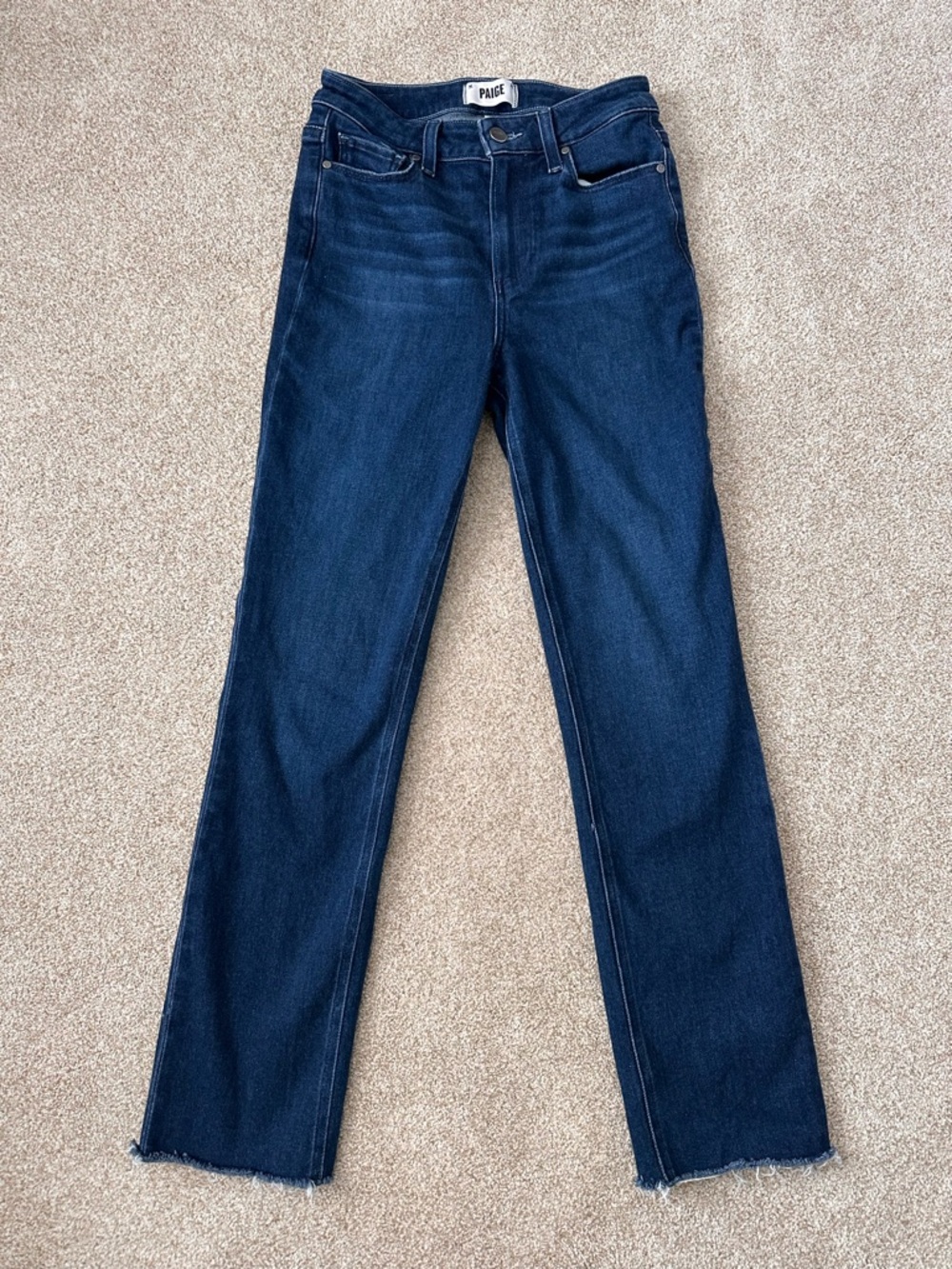 PAIGE Cindy High Rise Ankle Straight Jeans Dark Wash Raw Hem Size 26